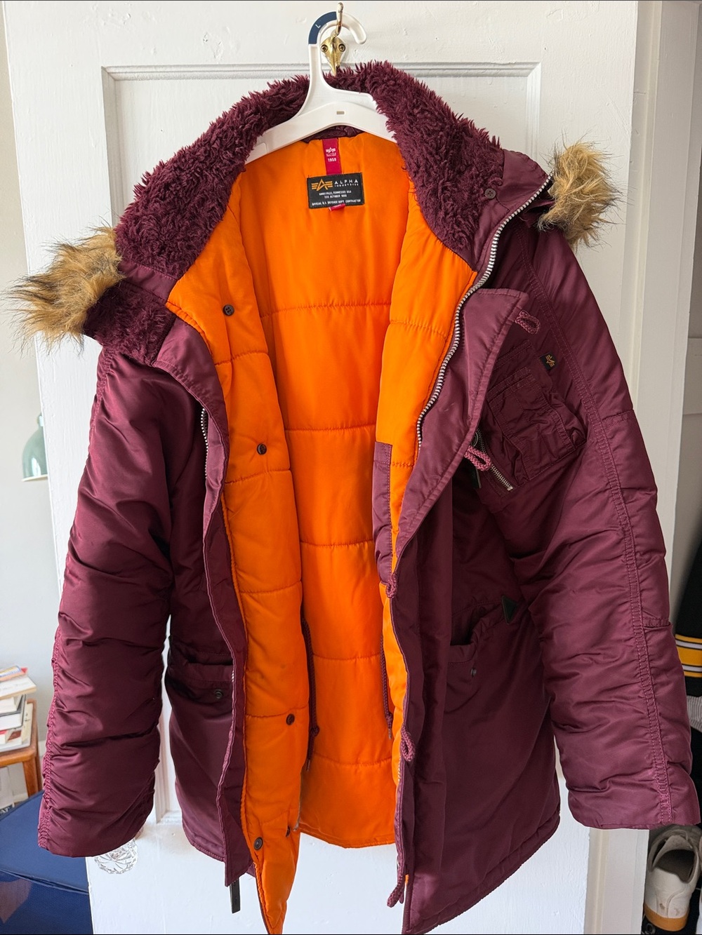 Alpha Industries Burgundy Parka with Bright Orange Interior